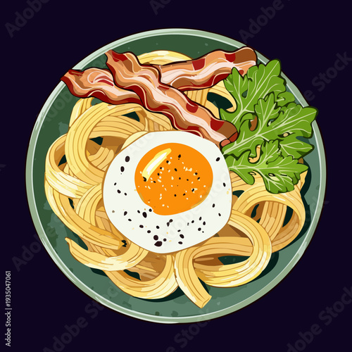 Spaghetti dish with a sunny side up egg and bacon bits on a dark plate - Vector Illustration