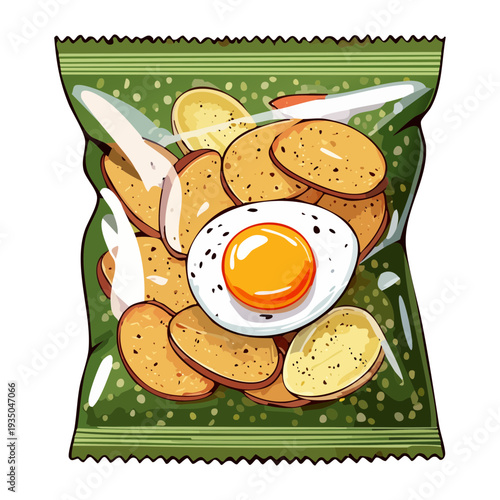 Packet of potato chips or snacks featuring an image of an egg on the packaging - Vector Illustration