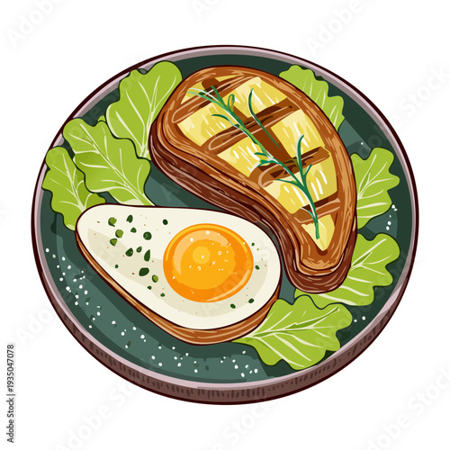 Toasted sandwich with a fried egg and herb garnish served on a dark circular plate - Vector Illustration