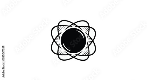 Abstract representation of atomic structure with a dark nucleus and orbiting electrons.