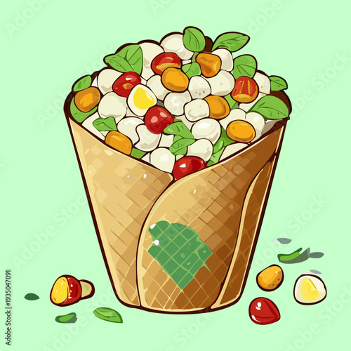 Wrapped pita sandwich or wrap filled with fresh vegetables and sauce on a green tile - Vector Illustration