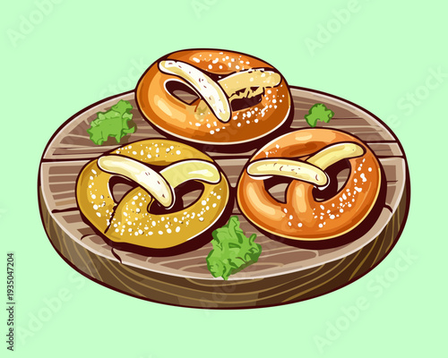 Platter of three salted pretzels arranged on a wooden board on a light green background - Vector Illustration