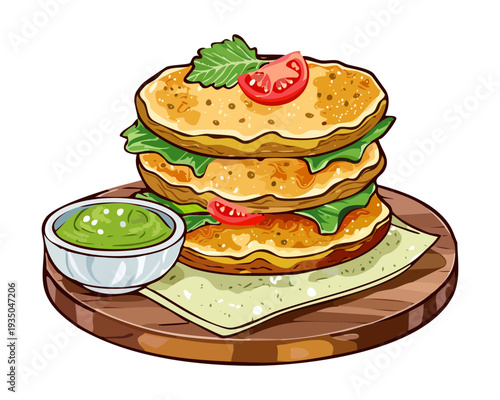 Stack of three savory pancakes with green and red sauces served on a wooden board - Vector Illustration