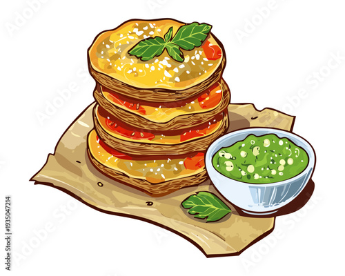 Stacked savory vegetable fritters served with a side of green dipping sauce on a platter - Vector Illustration