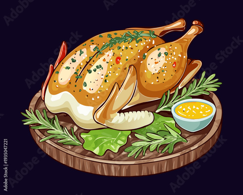 Golden roasted chicken platter with citrus and herbs for a festive dinner on a dark surface - Vector Illustration