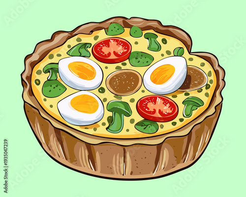 Savory vegetable tart with whole eggs and tomatoes in a golden crust on a green tile - Vector Illustration
