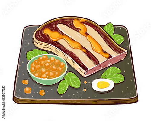 Sliced grilled meat or belly pork served with a side of sauce on a dark tray - Vector Illustration