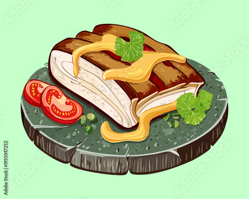 Sliced roasted meat with herb garnish and cherry tomatoes on a dark stone platter - Vector Illustration