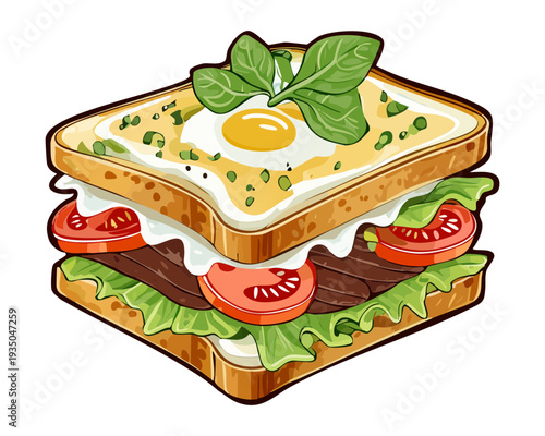 Double decker sandwich with egg and vegetables served on a light green decorative tile - Vector Illustration