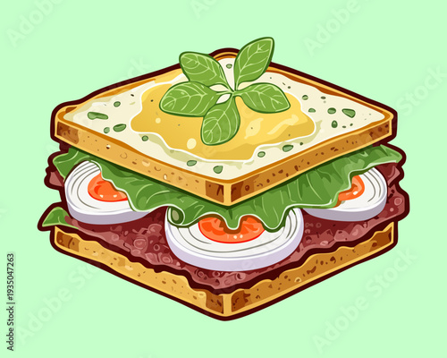 Multilayered club sandwich with fresh greens and tomato served on a light green surface - Vector Illustration