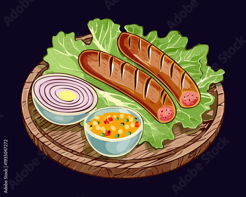 Platter of grilled sausages with a side of dip and vegetables on a dark board - Vector Illustration