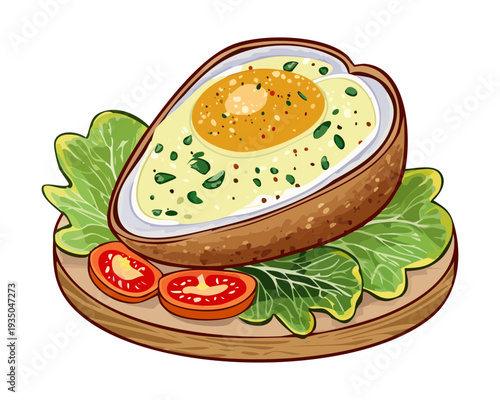 Fried egg served inside a hollowed out bread roll with fresh greens on green - Vector Illustration