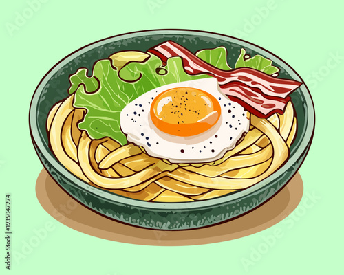 Bowl of pasta with a fried egg and bacon bits served on a green tile - Vector Illustration