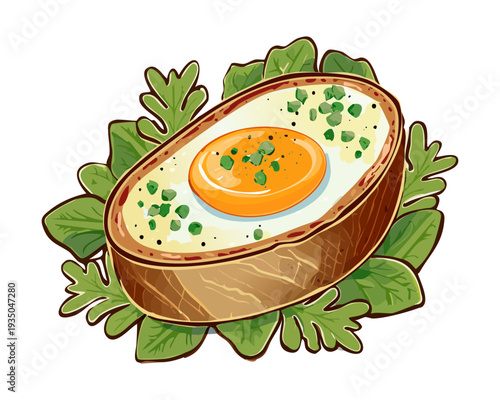 Stuffed bread bowl with a fried egg and herbs for a unique breakfast on green - Vector Illustration