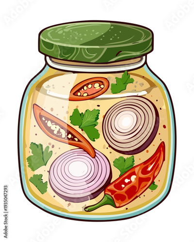 Glass jar of pickled vegetables with onions and herbs for kitchen pantry storage - Vector Illustration