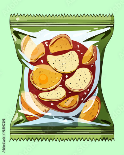 Bag of crispy snacks with an egg and bacon design on a light green background - Vector Illustration