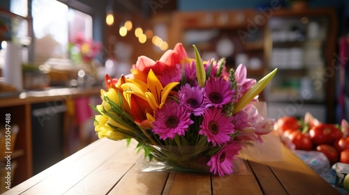 Wallpaper Mural Vibrant Flower Bouquet on Wooden Table Torontodigital.ca