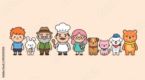 Cute Cartoon Characters and Animals Standing Together Vector Illustration