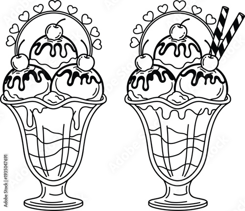 Ice cream sundae hand drawn vector illustration with cherries waffle glass and sweet dessert