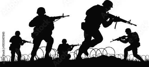 Military soldiers combat silhouettes with rifles and barbed wire battlefield scene, army tactical operation vector illustration isolated on white background