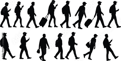 Travelers walking silhouettes collection with backpacks, suitcases and smartphones people travel activity vector illustration isolated set for tourism and lifestyle