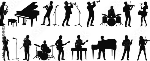 Musicians band silhouettes collection with piano trumpet violin drums guitar and singers, live concert performance vector illustration isolated