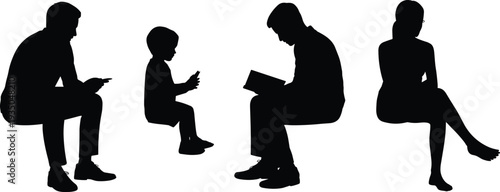 People sitting reading book and using smartphone silhouettes set, modern lifestyle leisure poses, black vector illustration isolated