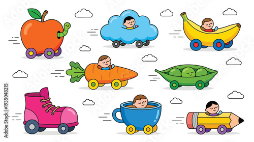 Happy cartoon kids driving creative fruit vegetable and everyday object cars