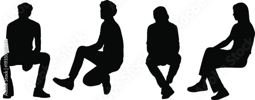 People sitting silhouettes collection with relaxed casual poses, men and women seated figures vector illustration isolated on white background