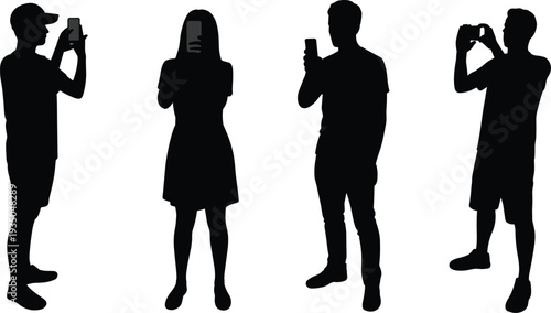 People using smartphone silhouette set, men and women taking photos with mobile phones, social media lifestyle, isolated black figures concept
