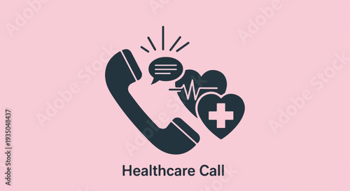 Healthcare Call Icon with Phone, Heartbeat, and Medical Cross on Pink Background