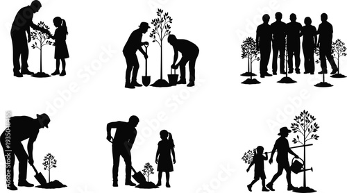 Tree planting silhouettes collection showing people planting saplings, environmental conservation and community gardening activity vector illustration isolated set