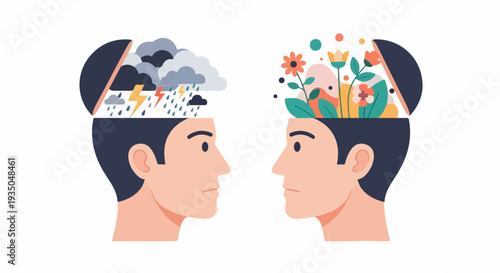 Mental Health Comparison Illustration with Sadness and Happiness in Open Heads