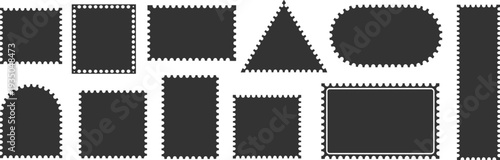 Postage stamp frame silhouettes collection, vintage postal stamp borders set, perforated edge shapes, retro mail design elements, black vector templates