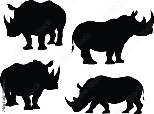 Rhinoceros silhouettes set, wild rhino animal collection with different poses, safari wildlife vector illustration isolated on white background