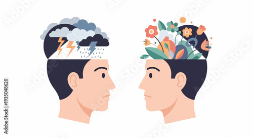 Two Human Heads with Contrasting Thoughts and Emotions Vector Illustration