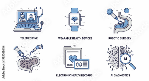 Set of 6 Modern Healthcare Technology Line Icons Vector