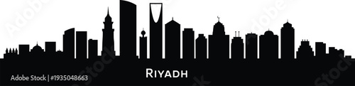 Riyadh Saudi Arabia skyline silhouette, modern cityscape with famous skyscrapers, urban architecture horizon, black vector illustration, isolated landmark buildings travel design skyline