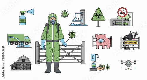 Set of 15 Outline Icons for Agriculture Disinfection and Biosecurity Vector