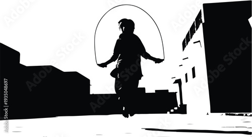 Person jumping rope outdoors in urban silhouette against bright sky
