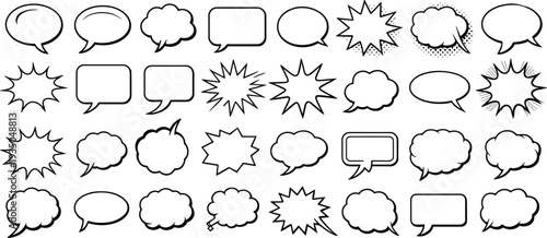 Collection of black and white speech bubbles and thought clouds in various shapes and sizes outline communication