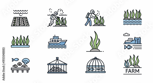 Set of 12 Aquaculture and Seaweed Farming Line Icons Vector