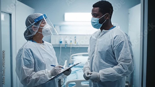 Medical professionals in protective gear review patient data in hospital