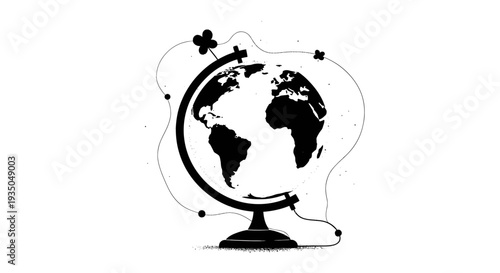 Stylized black and white illustration of a world globe with abstract connecting lines and dots.