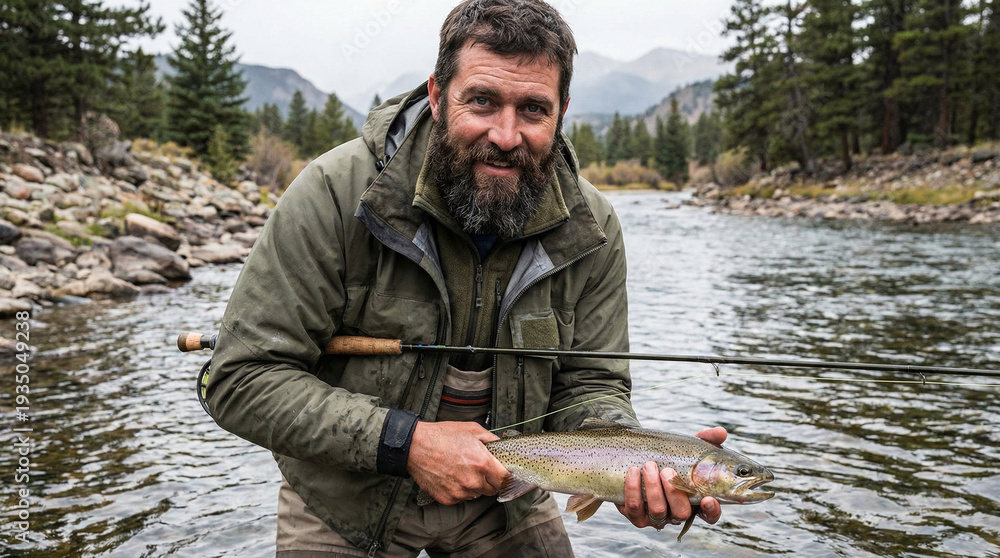 Naklejka premium Bearded man holding trout while fishing in river surrounded by trees 