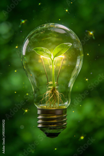 Light bulb containing young green sprout with roots. Glowing symbol of sustainable energy and environmental innovation. Eco-friendly technology concept for earth day conservation portrait format