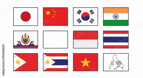 Collection of Asian country flags with various designs and colors.