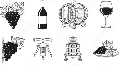 Wine production and tasting icons vector set with grapes bottle barrel corkscrew and glass illustration

Keywords: