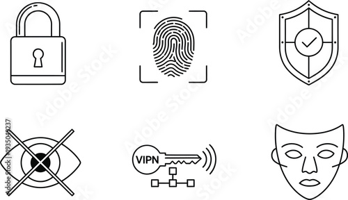 Set of security and privacy icons including padlock fingerprint shield eye VPN key and mask for digital protection and data security concepts isolated on white