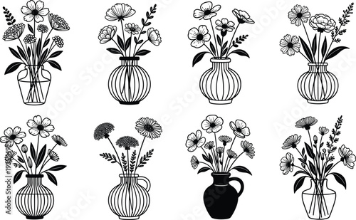 Black and white floral line art collection featuring eight minimalist flower bouquets in decorative vases, botanical vector illustrations for wall art, prints, and home decor.